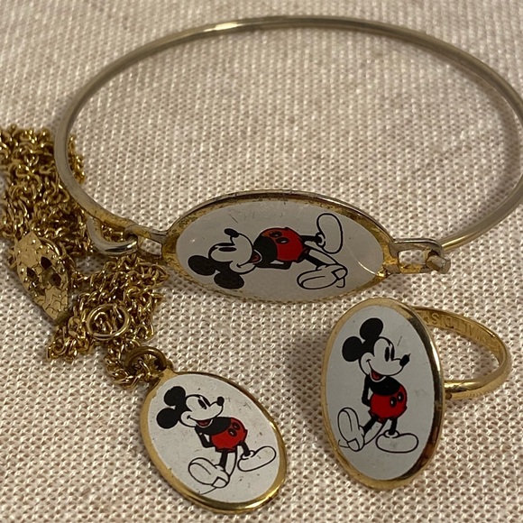 Disney Jewelry - Vintage Disney Mickey Mouse Jewelry Set Gold 1970s ring bracelet necklace 70s